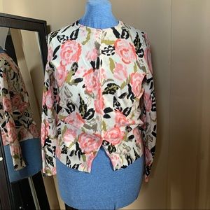 White Cardigan Sweater With Pink Rose Pattern